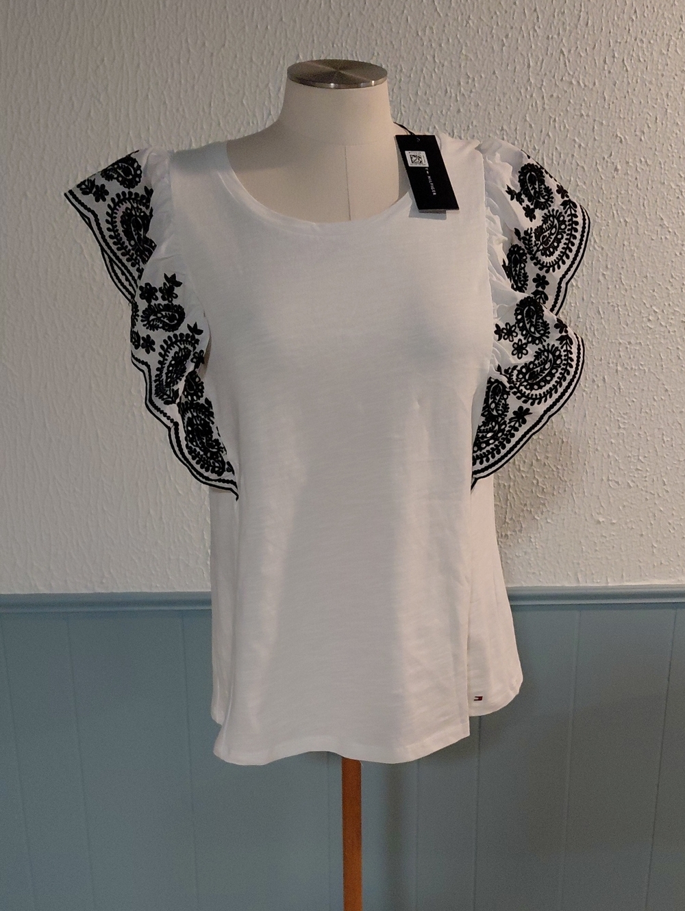 Tommy Hilfiger White Tee with Black Embroidered Flutter Sleeves